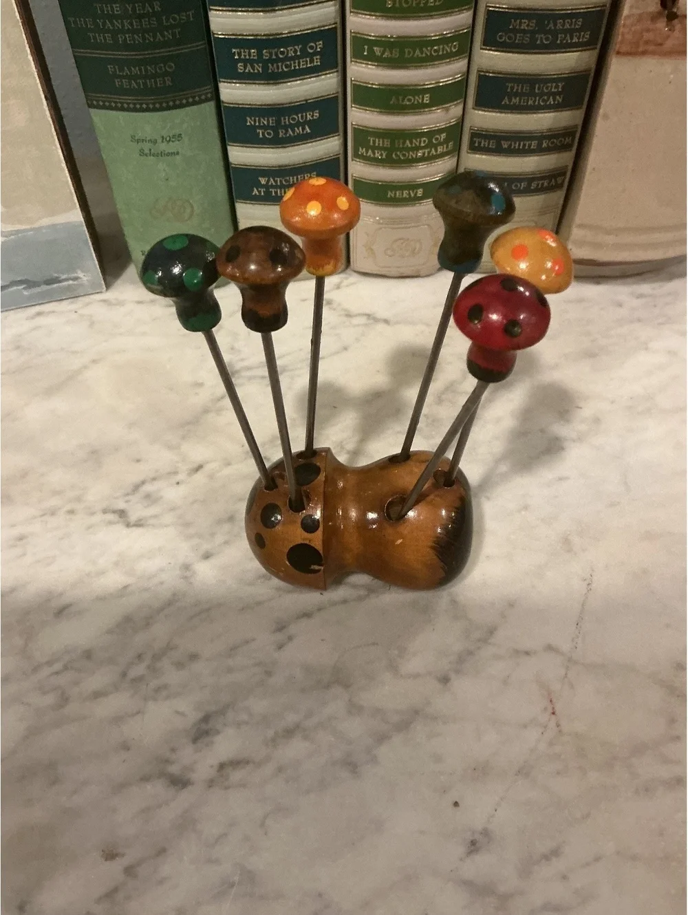 Vintage Mushroom Cocktail Picks Set Wooden Barware
